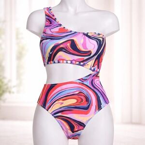 Unbranded Medium 1 Pc Multi Color Swirl  Swimsuit One Shoulder Midrif Cutout